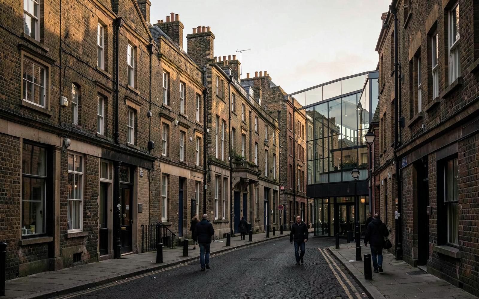 A quiet Clerkenwell street with Georgian brick buildings and a modern glazed extension in warm evening light