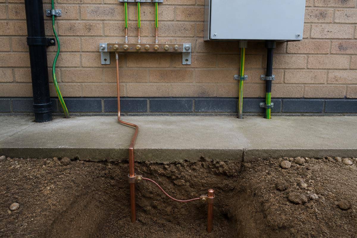 A copper earthing connection with green and yellow cables on a building exterior wall