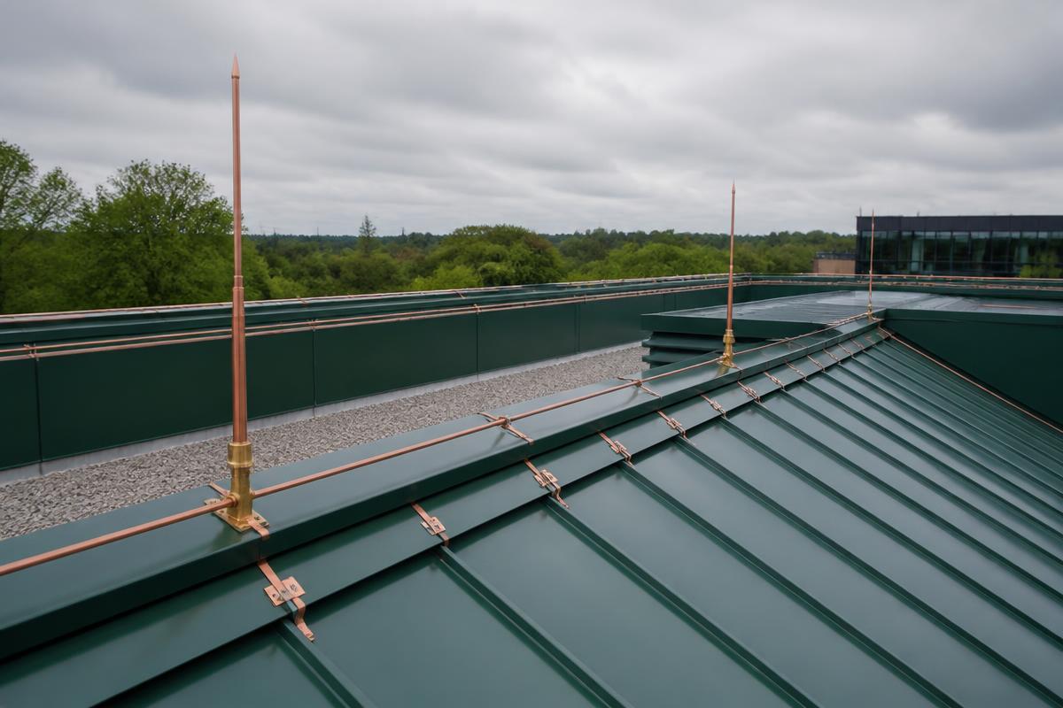 Copper lightning protection air terminals and conductors installed along a rooftop parapet in warm light
