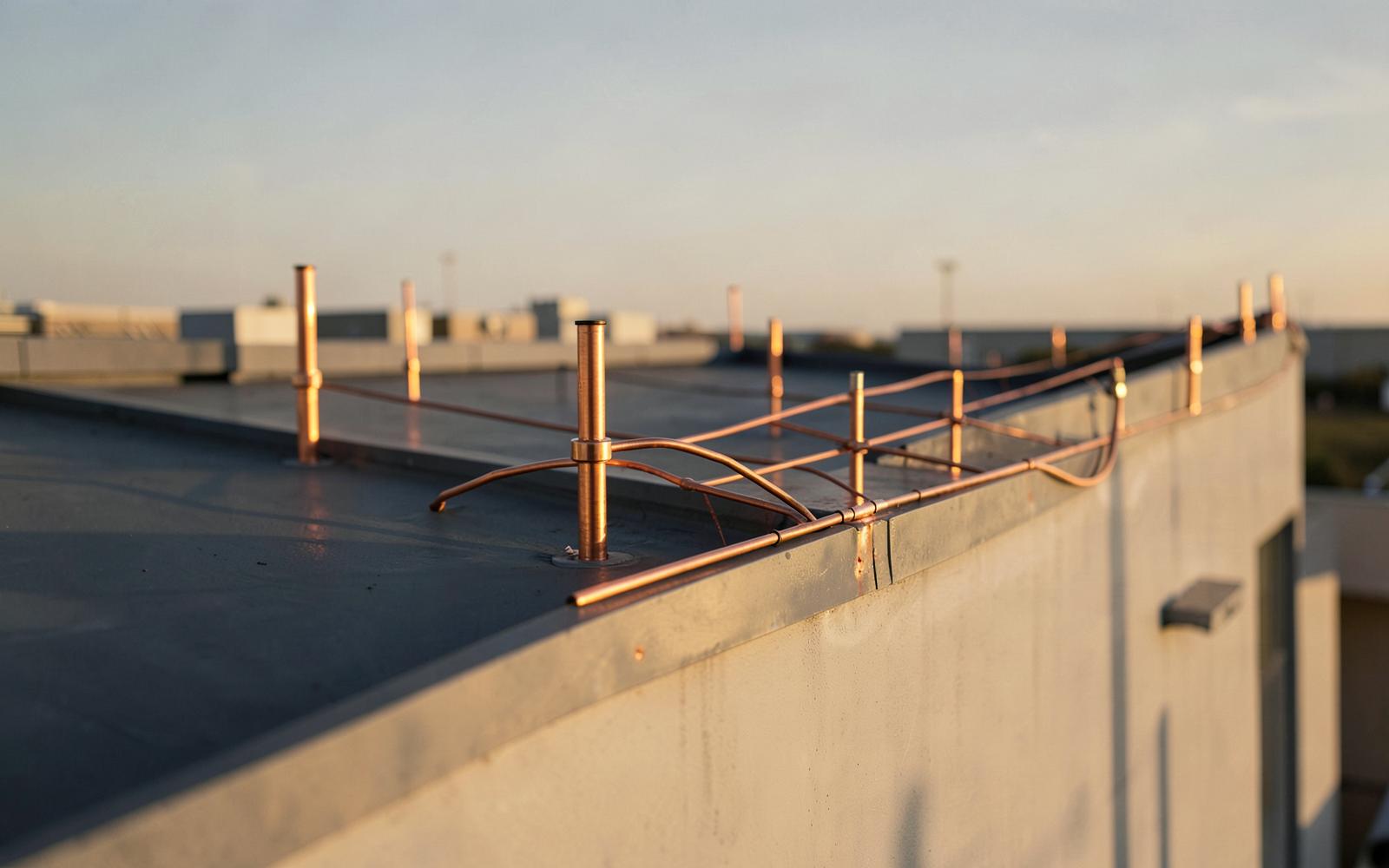 Copper lightning protection air terminals and conductors installed along a rooftop parapet in warm light