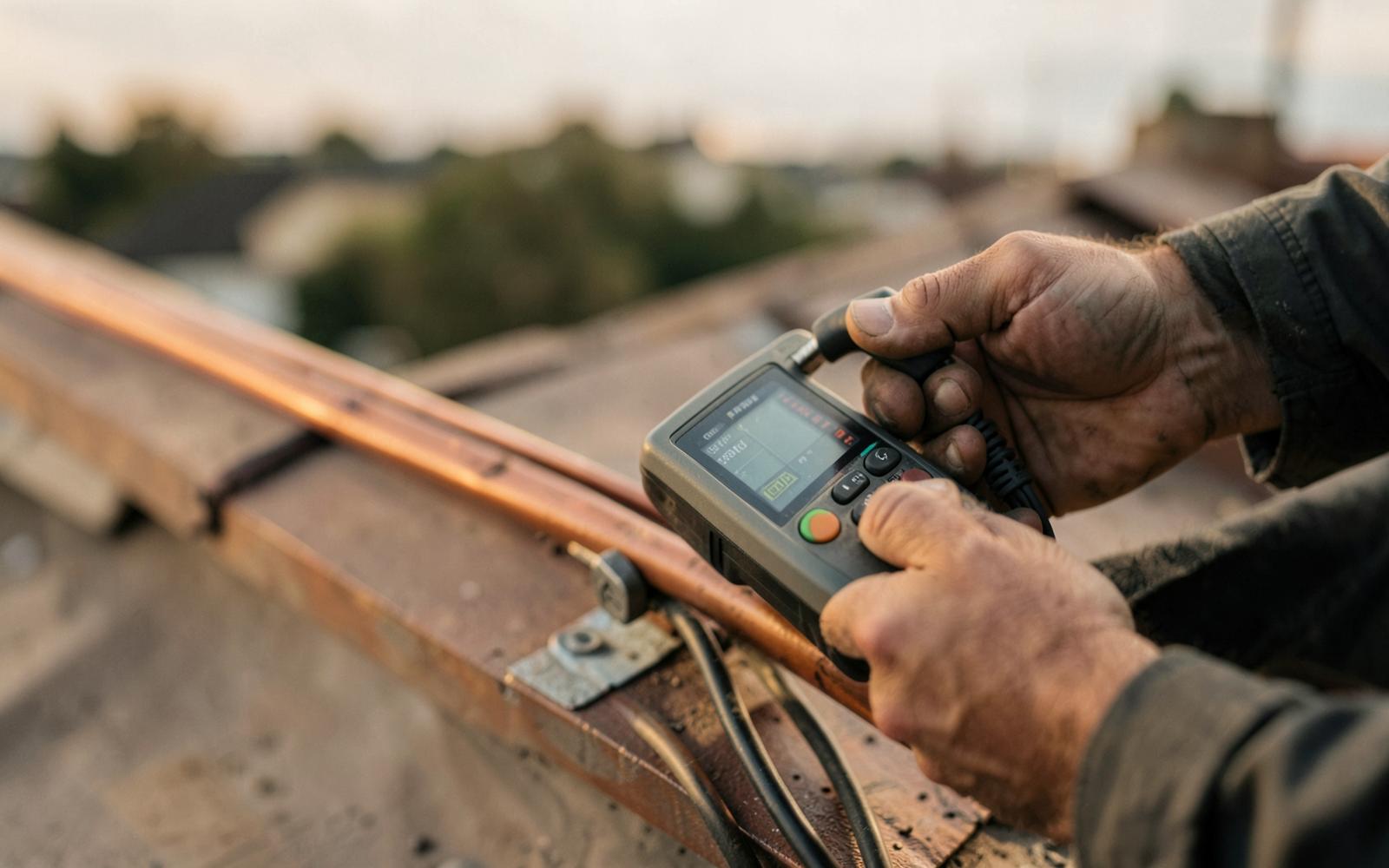 An engineer testing a copper conductor on a rooftop with a digital test instrument